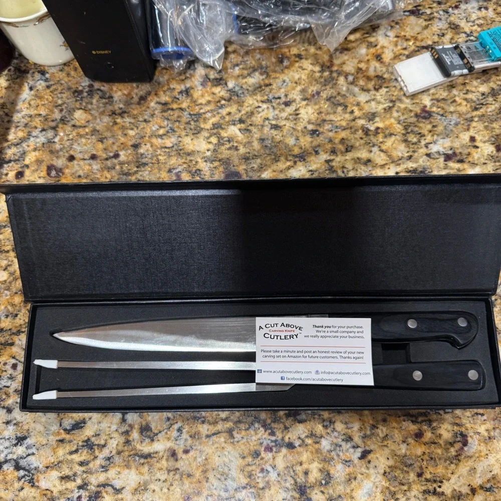 A Cut Above Cutlery Carving Set Stainless Steel Knife and Fork Black Handles Box